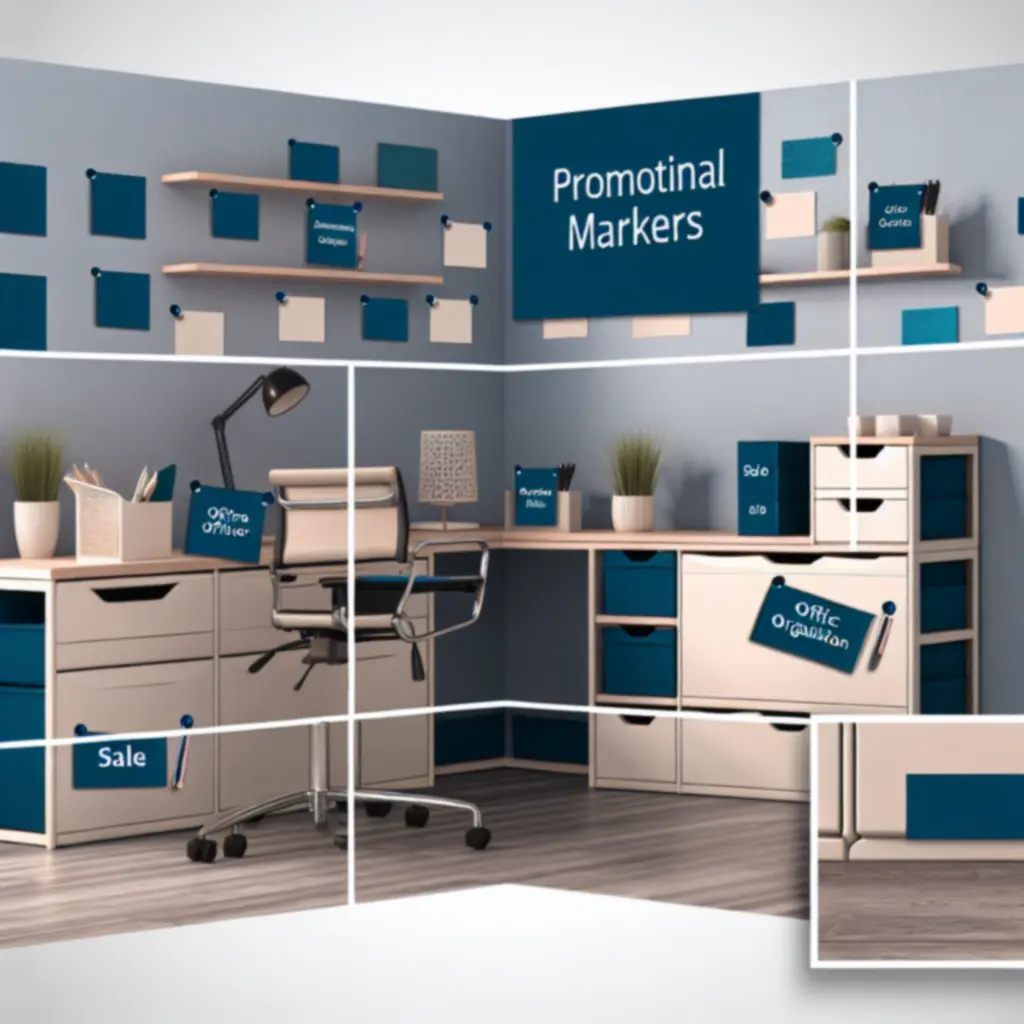 Aanbiedingsbanner met georganiseerde kantoorproducten in een rustige kleurstelling.