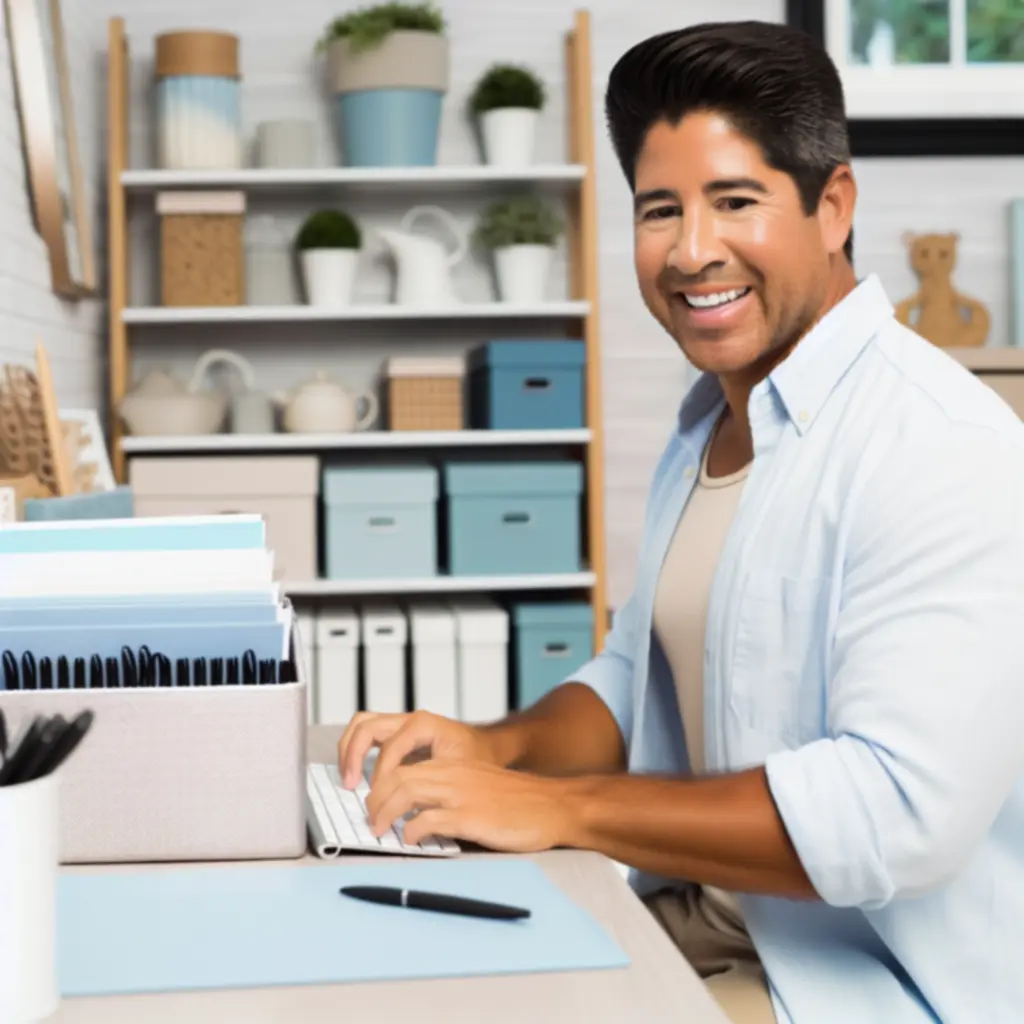 Klant aan een georganiseerde werkplek die tevreden aan het werk is