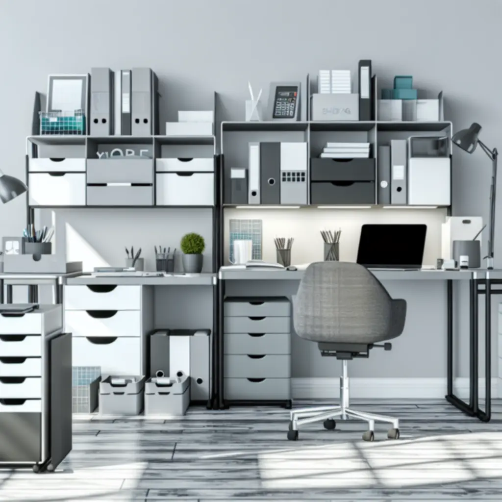 Georganiseerde, moderne werkplek met opbergoplossingen en bureau-accessoires