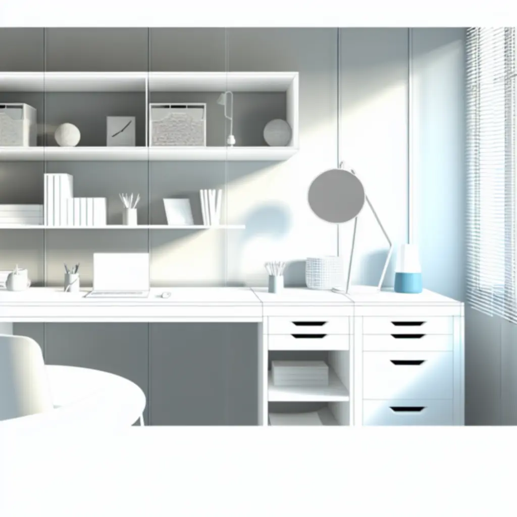 Moderne, innovatieve werkplek met georganiseerde bureau-accessoires en opbergsystemen