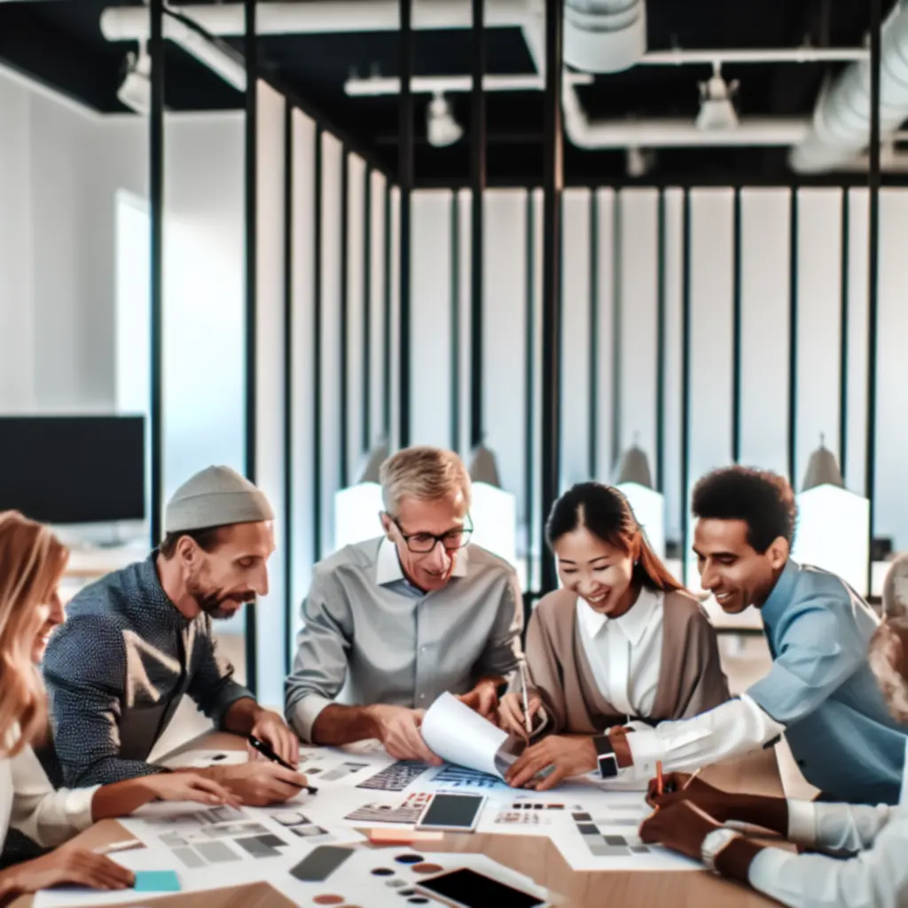 Ontwerp- en productteams die samenwerken aan innovatieve werkplekproducten