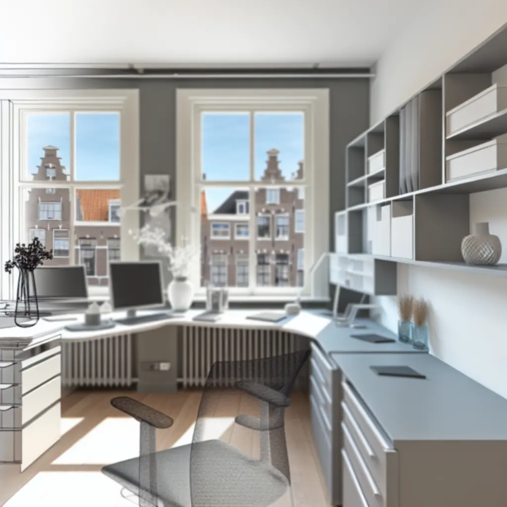 Georganiseerde, moderne werkplek met nette opbergoplossingen