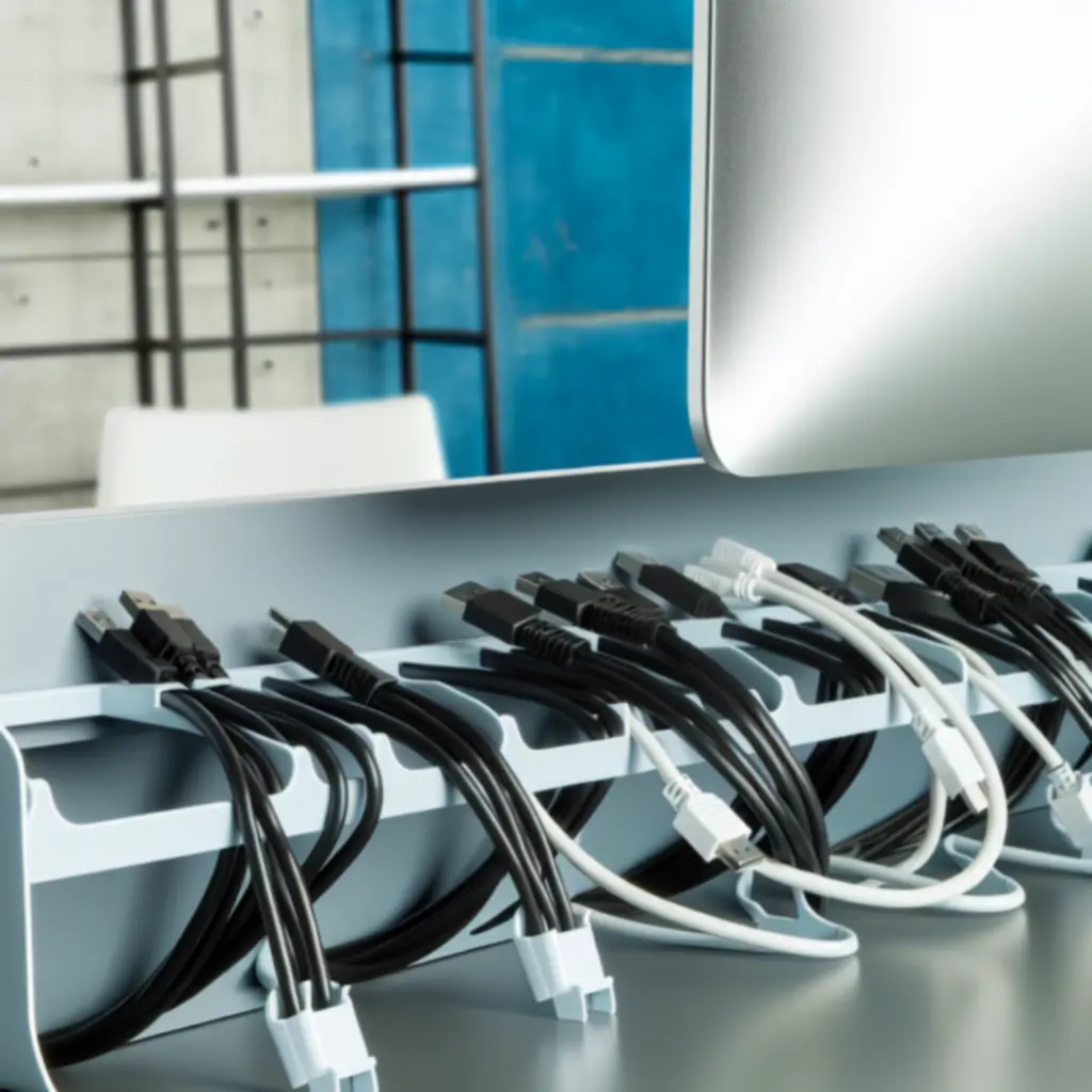 Werkplek met netjes weggewerkte kabels en kabelclips