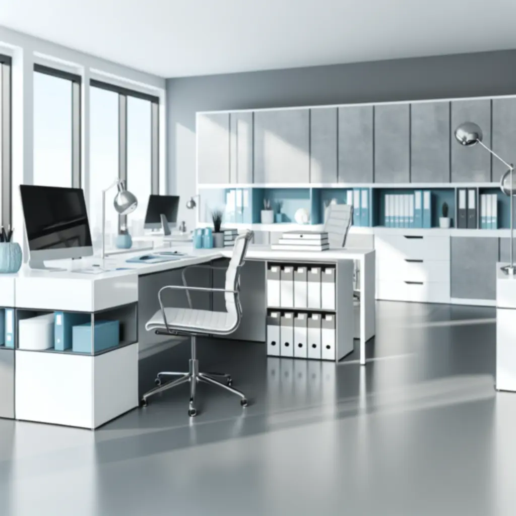 Modern, geordend kantoor met strak bureau en opbergsystemen