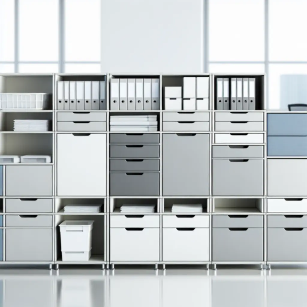 Modulair opbergsysteem met kasten, lades en boxen voor een georganiseerde werkomgeving