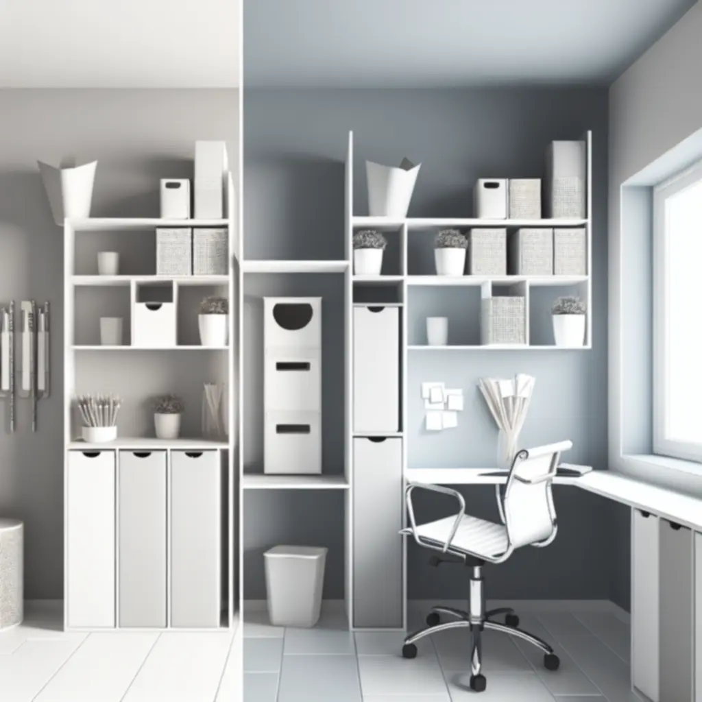 Ruimtebesparende kantoorkasten en stapelbare opbergsystemen in een moderne kantooromgeving