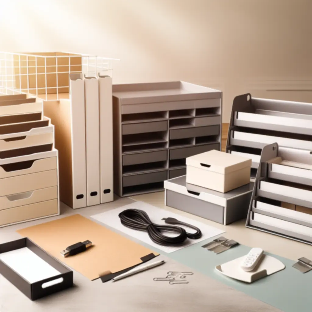 Selectie populaire werkplekorganisatieproducten uitgestald op een modern bureau.